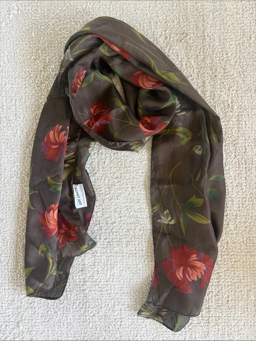 OFF LIMITS Vintage-Style Chiffon Floral Scarf – Dark Brown & Red
